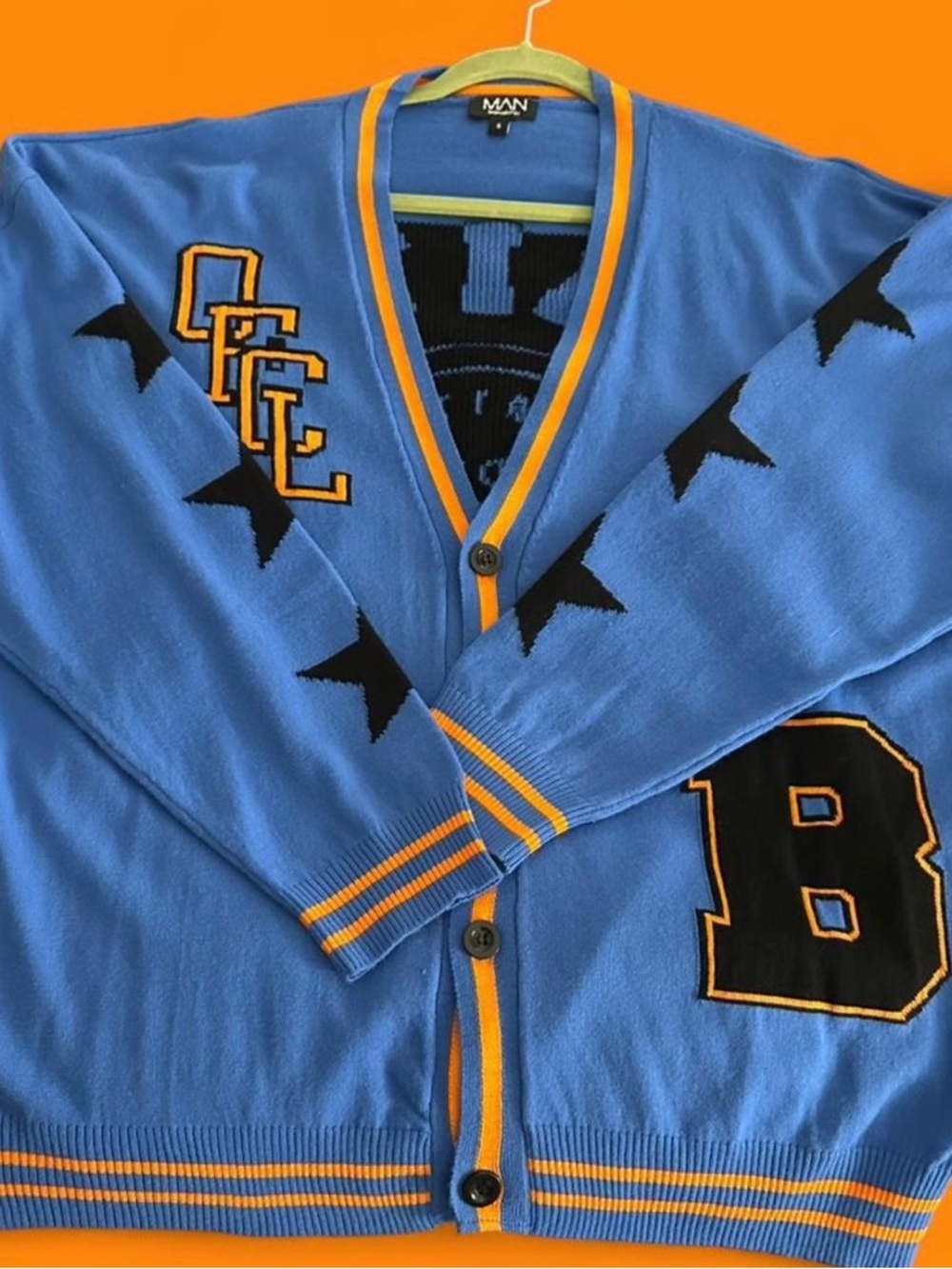 BoohooMAN | Oversized Blue Cardigan with Black Lettering and Orange Trim